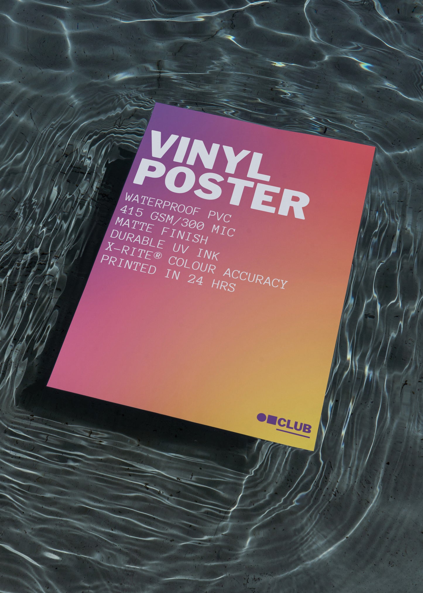 Vinyl poster on water with text about its features